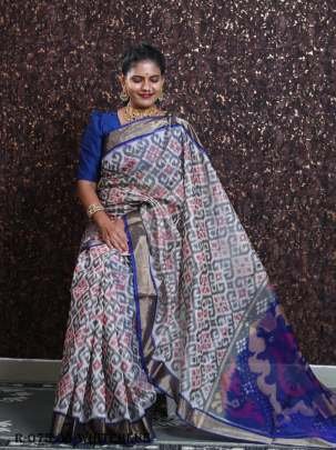 Off White Pramila Ikkat Patola Digital Printed Saree with Blue Blouse