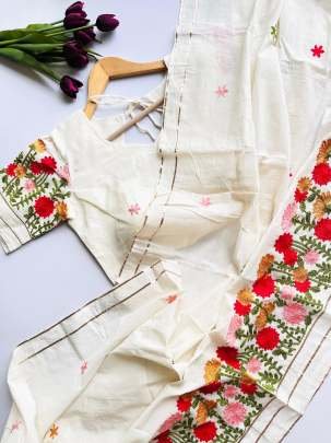 Off White With Multi Color Thread Work Cotton Saree