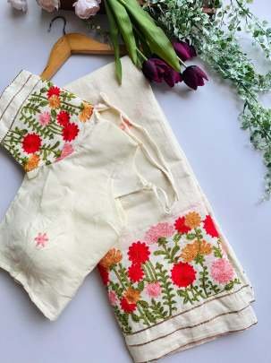 Off White With Multi Color Thread Work Cotton Saree