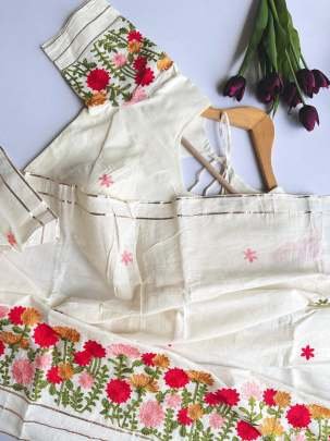 Off White With Multi Color Thread Work Cotton Saree
