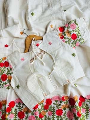 Off White With Multi Color Thread Work Cotton Saree