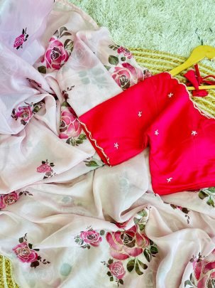 Off WhiteFancy Handwork Soft Dhahi Silk Organza Saree With Readymade Blouse