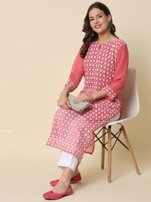 Office Wear Pink Chikankari Kurti Pant Set