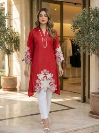 Office Wear Simple Rayon Red Kurti 