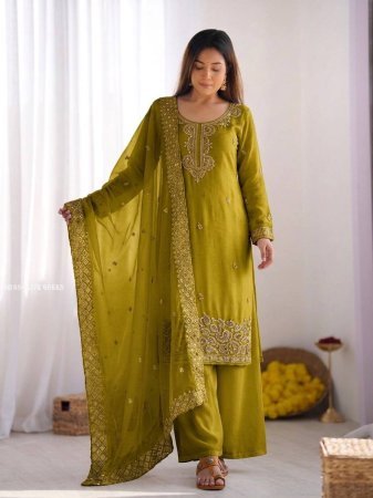 Olive Green Beads Work Designer Palazzo Suit Set 
