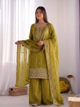 Olive Green Beads Work Designer Palazzo Suit Set