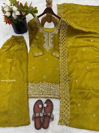 Olive Green Beads Work Designer Palazzo Suit Set