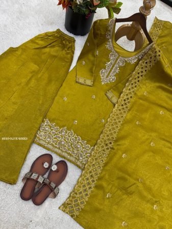 Olive Green Beads Work Designer Palazzo Suit Set