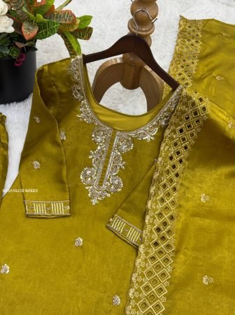 Olive Green Beads Work Designer Palazzo Suit Set