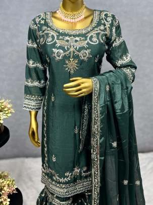 Olive Green Chinon Silk Sharara Suit