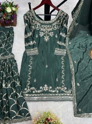 Olive Green Chinon Silk Sharara Suit