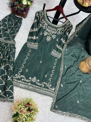 Olive Green Chinon Silk Sharara Suit
