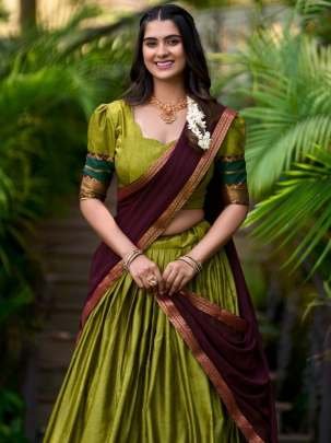 Olive Green Colour Zari Weaving Work Half Lehenga Saree
