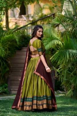 Olive Green Colour Zari Weaving Work Half Lehenga Saree
