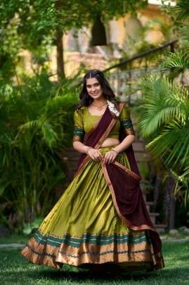 Olive Green Colour Zari Weaving Work Half Lehenga Saree