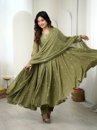 Olive Green Designer Faux Georgette Anarkali Suit Set