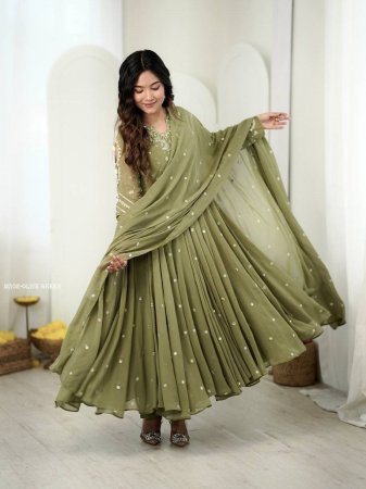 Olive Green Designer Faux Georgette Anarkali Suit Set