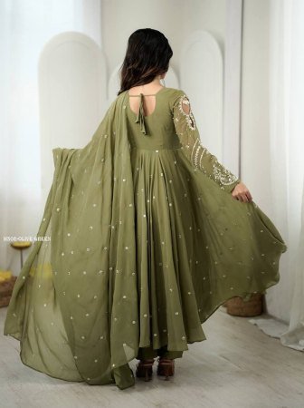 Olive Green Designer Faux Georgette Anarkali Suit Set
