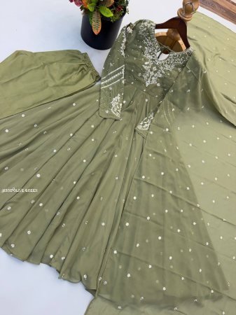 Olive Green Designer Faux Georgette Anarkali Suit Set
