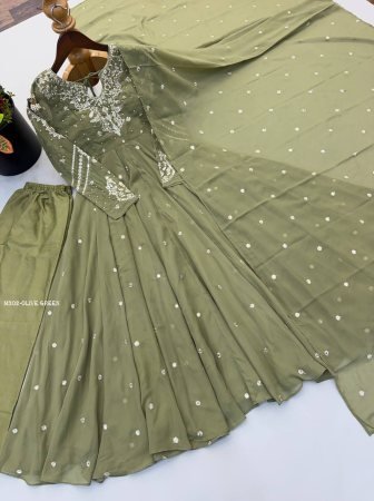 Olive Green Designer Faux Georgette Anarkali Suit Set