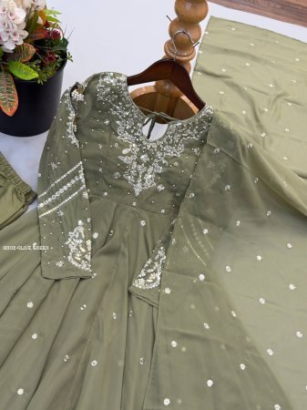 Olive Green Designer Faux Georgette Anarkali Suit Set