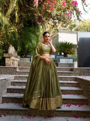 Olive Green Designer Lehenga Choli with Gold Zari Border   Dupatta