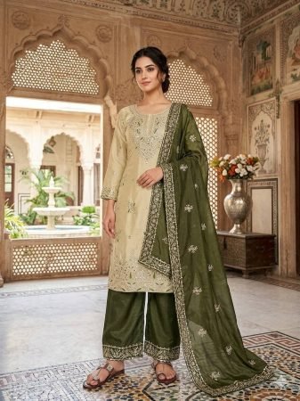 Olive Green Embroidered Palazzo Suit Set