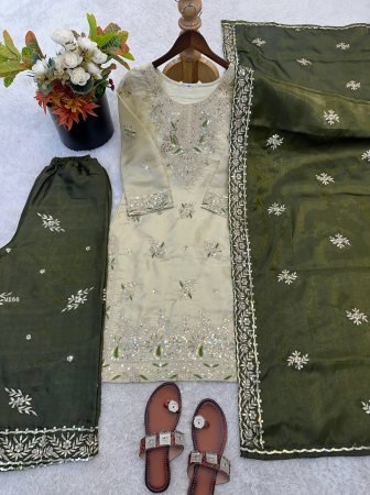 Olive Green Embroidered Palazzo Suit Set