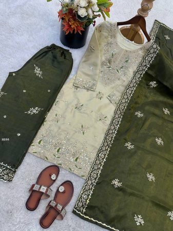 Olive Green Embroidered Palazzo Suit Set