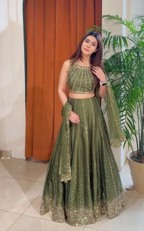 Party Wear Premium Vichitra Silk Pista Green Lehenga Choli