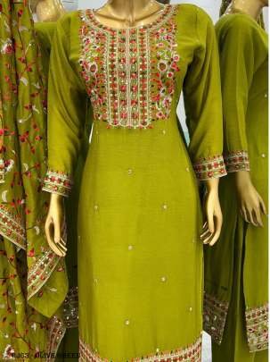 Olive Green Sequence Work Top Pant With Dupatta Set