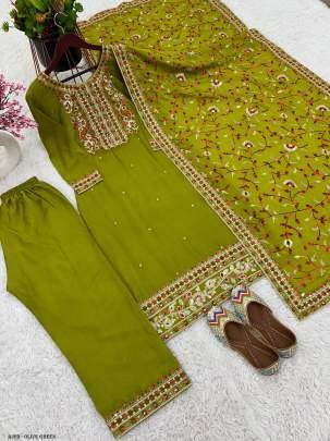 Olive Green Sequence Work Top Pant With Dupatta Set