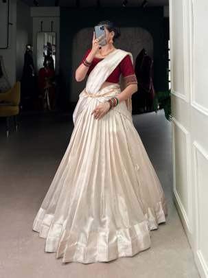 Onam Festive Special Maroon Blouse With White Half Lehenga Saree