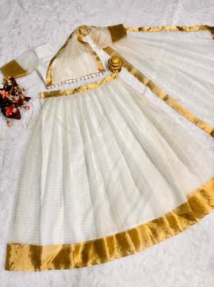 Onam Festive Wear Soft Organza Golden Border Lehenga With Blouse
