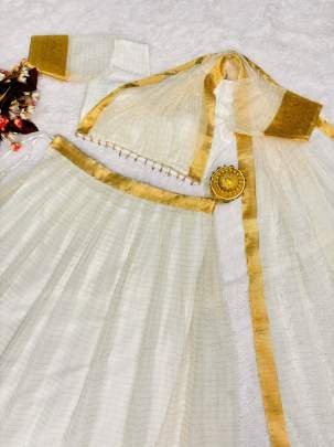 Onam Festive Wear Soft Organza Golden Border Lehenga With Blouse