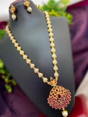 One Gram Gold Plated Pearl Chain With Pink American Diamond Stone-2