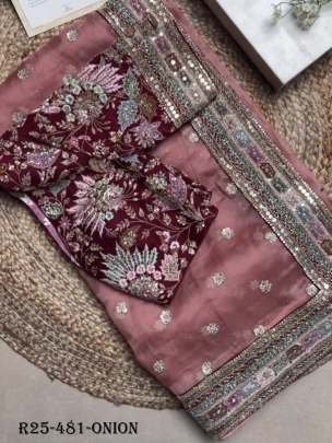 Onion Bollywood Style Thread And Sequence Work Organza Silk Saree