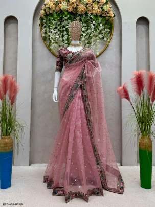 Onion Bollywood Style Thread And Sequence Work Organza Silk Saree