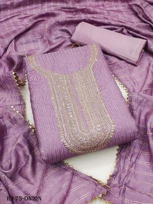Onion Designer Chanderi Unstitched Suits With Crosset Work