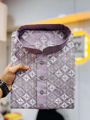 Onion Pink Embroidery Work Mens Kurta With Pajama