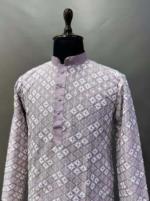 Onion Pink Embroidery Work Mens Kurta With Pajama