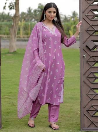 Onion Pink Rayon Embroidered Kurta Pant Set 