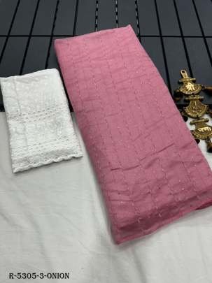 Onion Sequence Work Kora Organza Georgette Saree