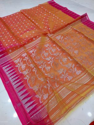 Orange And Pink Border Soft Pure Maslin Dhakai Jamdani Saree