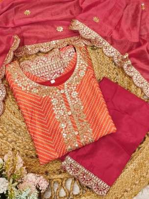 Orange And Pink Designer Bandhani Print Chinon Three Piece Kurtis Set