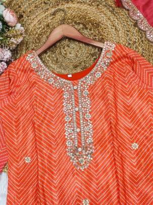 Orange And Pink Designer Bandhani Print Chinon Three Piece Kurtis Set