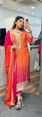 Orange And Pink Designer Bandhani Print Chinon Three Piece Kurtis Set