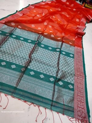 Orange And Rama Wedding Pure Muslin Banarasi Saree