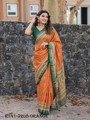 Orange Beautiful Wedding Foil Printed Dola Silk Saree With One Meter Blouse