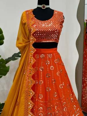 Orange Chinon Fabric Thread With 9mm Sequence Work Lehengha Choli Dupatta